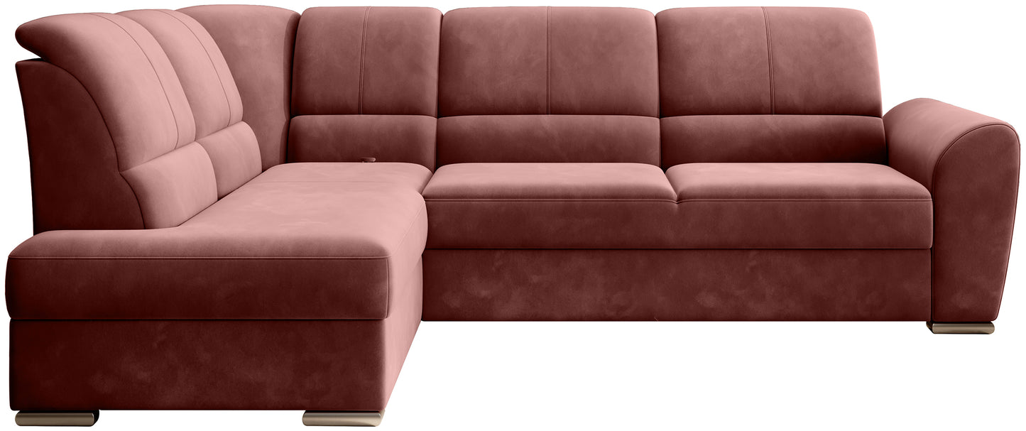 Różowy narożnik Siber lewy w tkaninie Lukso 24 to nowoczesna sofa do salonu z dużą powierzchnią wypoczynkową, która zapewnia komfort i wprowadza do wnętrza subtelny, elegancki akcent kolorystyczny.