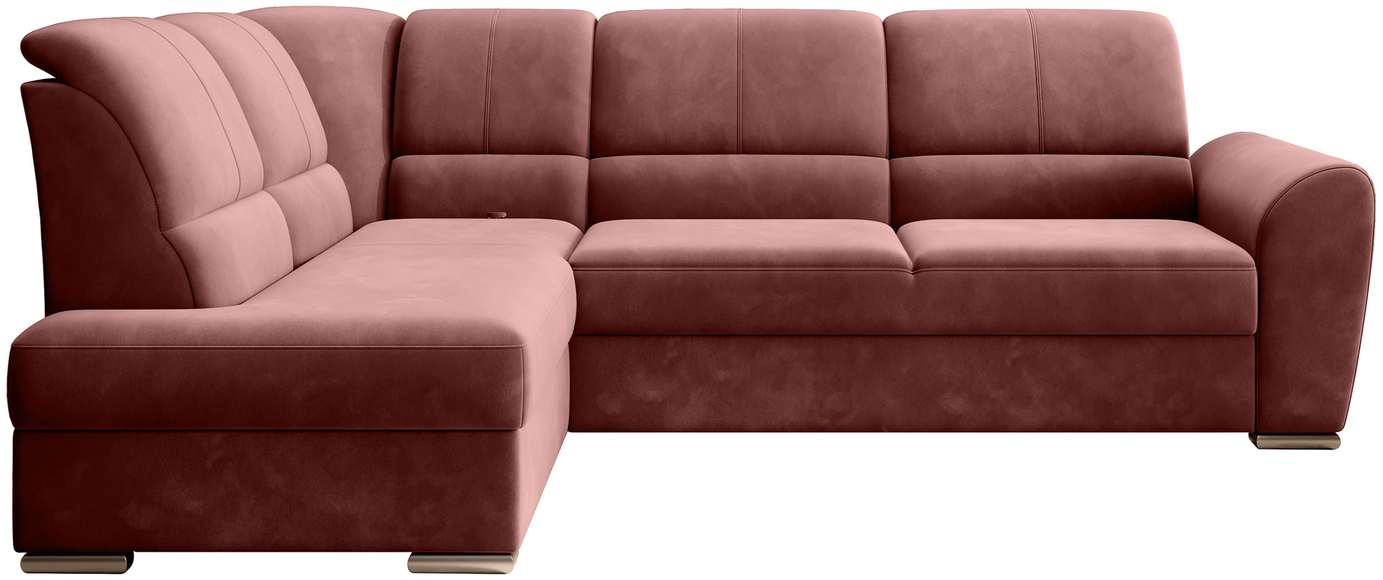 Różowy narożnik Siber lewy w tkaninie Lukso 24 to nowoczesna sofa do salonu z dużą powierzchnią wypoczynkową, która zapewnia komfort i wprowadza do wnętrza subtelny, elegancki akcent kolorystyczny.