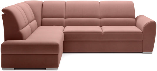 Różowy narożnik Siber lewy w tkaninie Nube 24 to nowoczesna sofa do salonu z dużą powierzchnią wypoczynkową, która zapewnia komfort i wprowadza do wnętrza subtelny, przytulny klimat.
