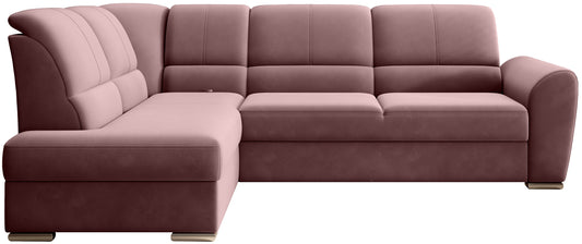 Różowy narożnik Siber lewy w tkaninie Velvetmat 24 to elegancka sofa do salonu o welurowym wykończeniu, która zapewnia dużą powierzchnię wypoczynkową i wysoki komfort codziennego użytkowania.