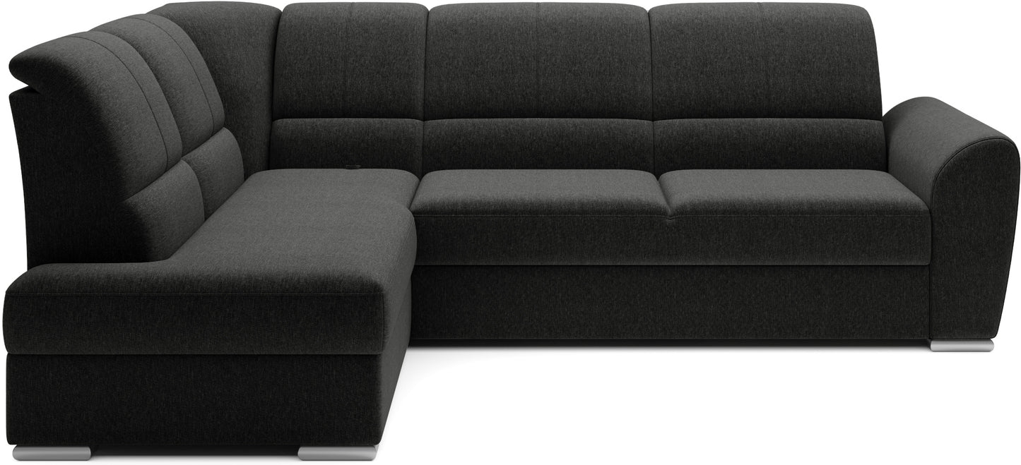 Szary narożnik Siber lewy w tkaninie Flores 04 to nowoczesna sofa do salonu z dużą powierzchnią wypoczynkową i funkcją spania, idealna dla rodzin ceniących komfort oraz uniwersalny styl wnętrza.