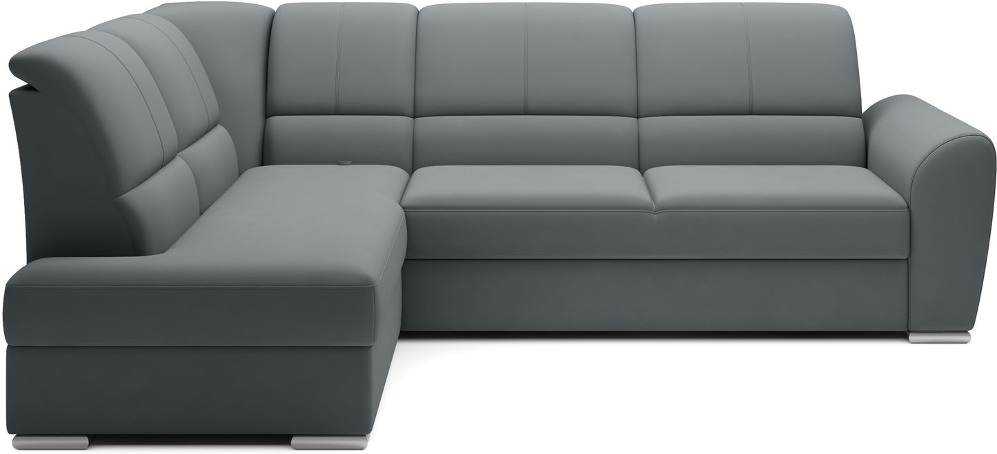 Szary narożnik Siber lewy w tkaninie Velvetmat 04 to elegancka sofa do salonu o welurowym wykończeniu, która zapewnia dużą powierzchnię wypoczynkową i wysoki komfort codziennego użytkowania.