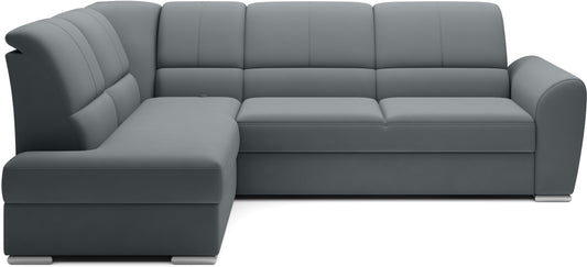 Szary narożnik Siber lewy w tkaninie Velvetmat 04 to elegancka sofa do salonu o welurowym wykończeniu, która zapewnia dużą powierzchnię wypoczynkową i wysoki komfort codziennego użytkowania.