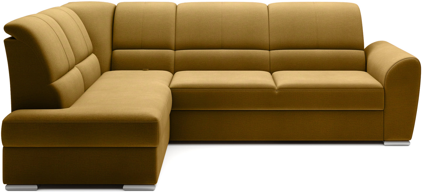 Żółty narożnik Siber lewy w tkaninie Nube 45 to nowoczesna sofa do salonu z dużą powierzchnią wypoczynkową, która zapewnia komfort i wprowadza do wnętrza energiczny, przytulny akcent kolorystyczny.