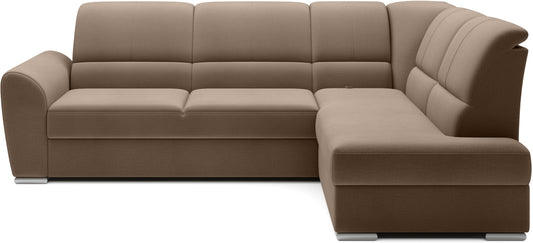 Beżowy narożnik Siber prawy w tkaninie Nube 20 to nowoczesna sofa do salonu z dużą powierzchnią wypoczynkową, idealna dla rodzin ceniących komfort oraz jasne, przytulne wnętrza.