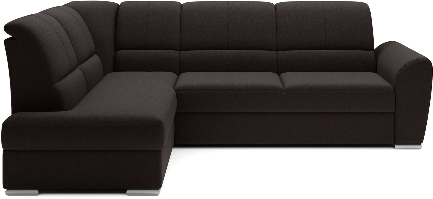 Ciemnobrązowy narożnik Siber prawy w tkaninie Flores 22 to nowoczesna sofa do salonu z funkcją spania i dużą powierzchnią wypoczynkową, idealna dla rodzin ceniących komfort i przytulny klimat wnętrza.