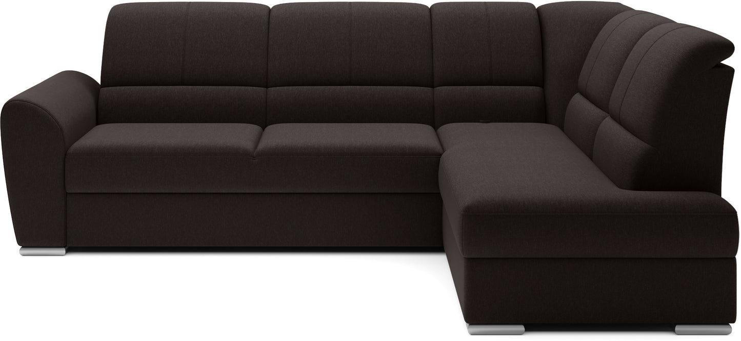 Ciemnobrązowy narożnik Siber prawy w tkaninie Flores 22 to wygodna sofa do salonu z dużą powierzchnią wypoczynkową, idealna dla rodzin ceniących komfort oraz przytulny charakter wnętrza.