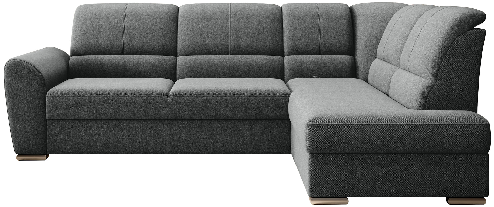 Ciemnoszary narożnik Siber prawy w tkaninie Vero 05 to nowoczesna sofa do salonu z funkcją spania i dużą powierzchnią wypoczynkową, idealna dla rodzin ceniących komfort i elegancki styl wnętrza.