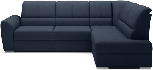 Granatowy narożnik Siber prawy w tkaninie Poco 40 to wygodna sofa do salonu o klasycznej formie i dużej powierzchni wypoczynkowej, idealna dla rodzin ceniących komfort i funkcjonalność.