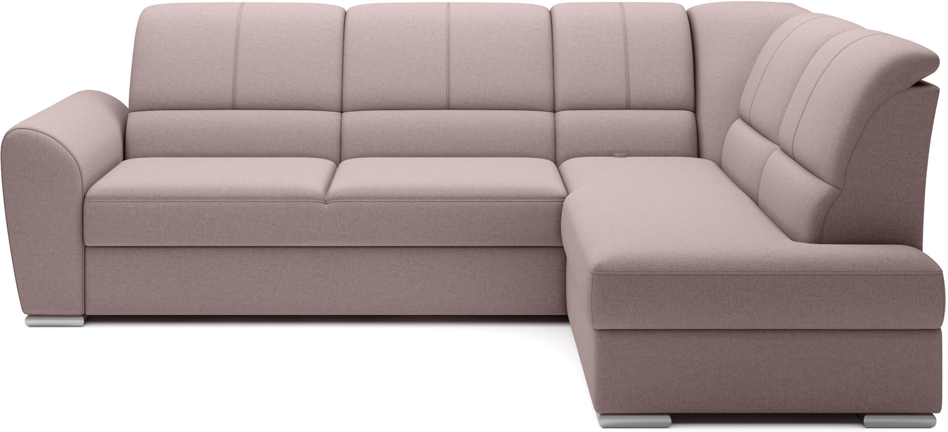 Jasnoróżowy narożnik Siber prawy w tkaninie Gojo 101 to nowoczesna sofa do salonu o dużej powierzchni wypoczynkowej, idealna dla rodzin ceniących komfort oraz subtelny, przytulny styl wnętrza.