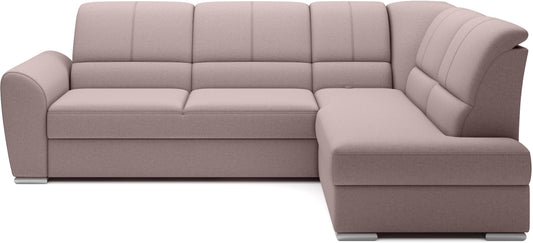 Jasnoróżowy narożnik Siber prawy w tkaninie Gojo 101 to nowoczesna sofa do salonu o dużej powierzchni wypoczynkowej, idealna dla rodzin ceniących komfort oraz subtelny, przytulny styl wnętrza.
