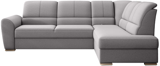 Jasnoszary narożnik Siber prawy w tkaninie Gojo 04 to nowoczesna sofa do salonu z dużą powierzchnią wypoczynkową, idealna dla rodzin ceniących komfort oraz jasne, przestronne wnętrza.