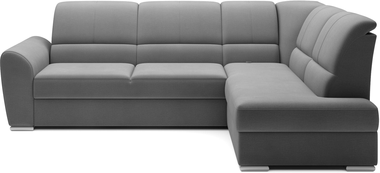 Jasnoszary narożnik Siber prawy w tkaninie Nube 03 to nowoczesna sofa do salonu z dużą powierzchnią wypoczynkową, idealna dla rodzin ceniących komfort oraz jasne, przestronne wnętrza.