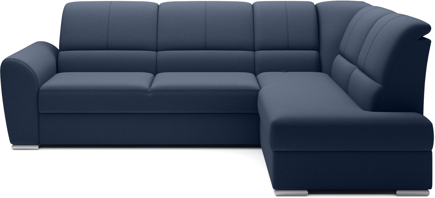 Niebieski narożnik Siber prawy w tkaninie Gojo 40 to nowoczesna sofa do salonu z dużą powierzchnią wypoczynkową, idealna dla rodzin ceniących komfort i spokojną, elegancką kolorystykę.