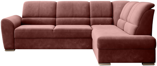 Różowy narożnik Siber prawy w tkaninie Lukso 24 to nowoczesna sofa do salonu z dużą powierzchnią wypoczynkową i funkcją spania, która zapewnia wygodę oraz elegancki wygląd wnętrza.