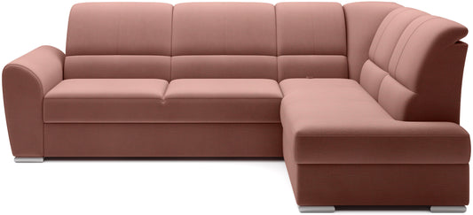 Różowy narożnik Siber prawy w tkaninie Nube 24 to nowoczesna sofa do salonu z dużą powierzchnią wypoczynkową, idealna dla rodzin ceniących komfort oraz delikatny, modny akcent kolorystyczny.