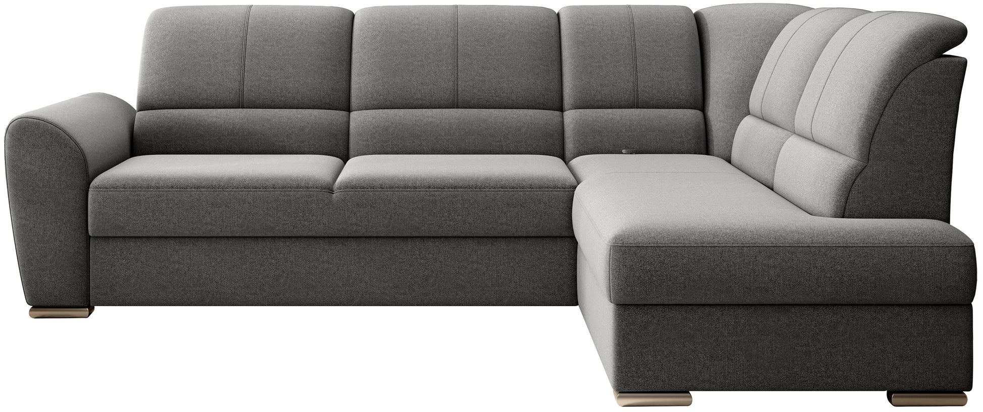 Szary narożnik Siber prawy w tkaninie Gojo 05 to nowoczesna sofa do salonu z dużą powierzchnią wypoczynkową, idealna dla rodzin ceniących komfort oraz uniwersalny, ponadczasowy wygląd wnętrza.