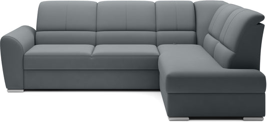 Szary narożnik Siber prawy w tkaninie Velvetmat 04 to elegancka sofa do salonu o welurowym wykończeniu, która zapewnia dużą powierzchnię wypoczynkową i wysoki komfort codziennego użytkowania.