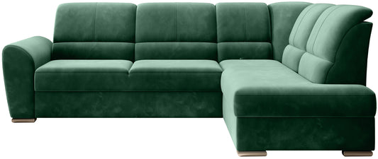 Zielony narożnik Siber prawy w tkaninie Lukso 35 to nowoczesna sofa do salonu z funkcją spania i dużą powierzchnią wypoczynkową, która zapewnia komfort oraz elegancki wygląd wnętrza.