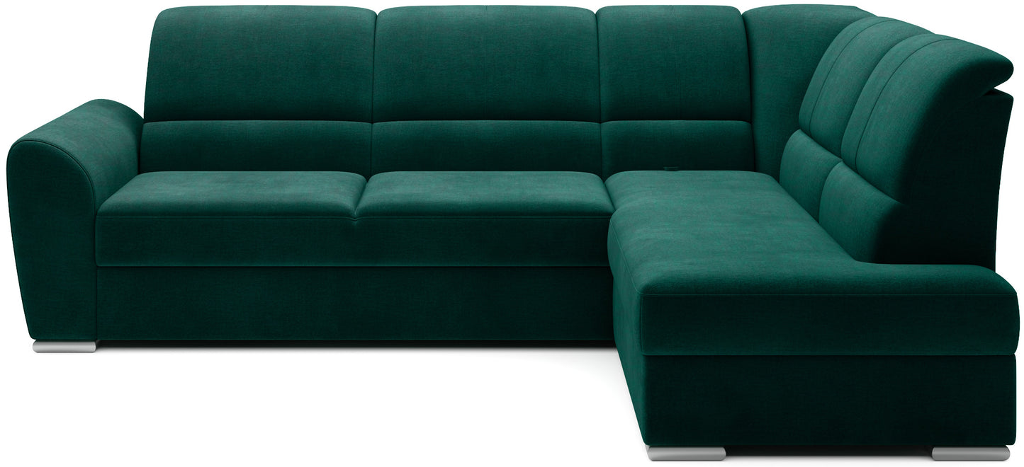 Zielony narożnik Siber prawy w tkaninie Nube 35 to nowoczesna sofa do salonu z dużą powierzchnią wypoczynkową, idealna dla rodzin ceniących komfort oraz naturalny, świeży akcent kolorystyczny.