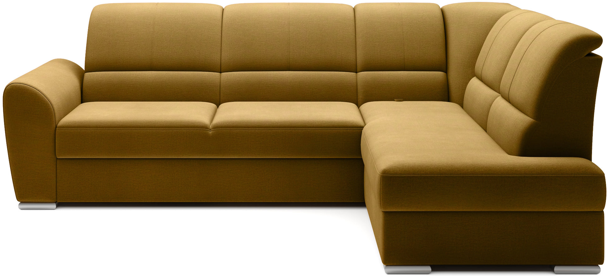 Żółty narożnik Siber prawy w tkaninie Nube 45 to nowoczesna sofa do salonu z dużą powierzchnią wypoczynkową, idealna dla rodzin ceniących komfort oraz wyrazisty, energetyczny kolor.