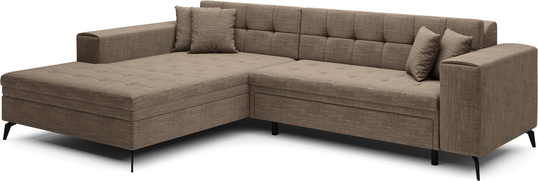 Ciemnobeżowy narożnik Solange lewy w tkaninie Berlin 03 to elegancki mebel do salonu, który łączy ciepły odcień z nowoczesnym designem i zapewnia komfortowy wypoczynek dla całej rodziny.