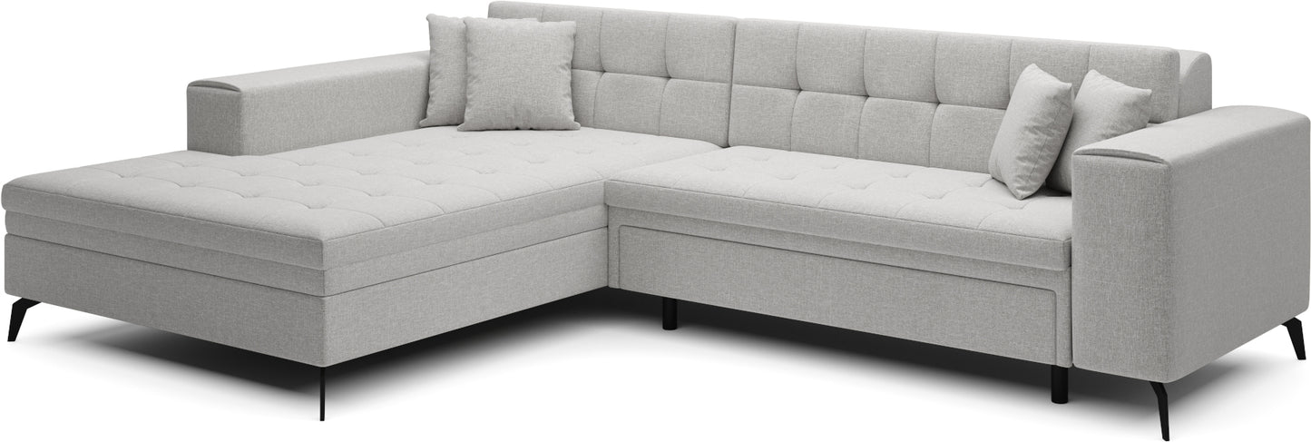 Jasnoszary narożnik Solange lewy w tkaninie Cover 02 to nowoczesny mebel do salonu, który łączy uniwersalny kolor z eleganckim designem i zapewnia wygodne miejsce do codziennego wypoczynku dla całej rodziny.