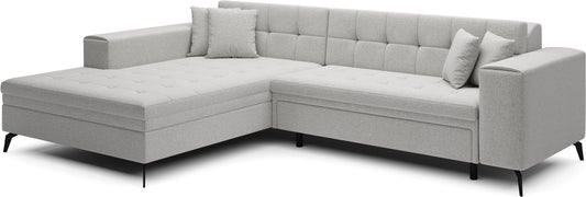 Jasnoszary narożnik Solange lewy w tkaninie Cover 02 to nowoczesny mebel do salonu, który łączy uniwersalny kolor z eleganckim designem i zapewnia wygodne miejsce do codziennego wypoczynku dla całej rodziny.