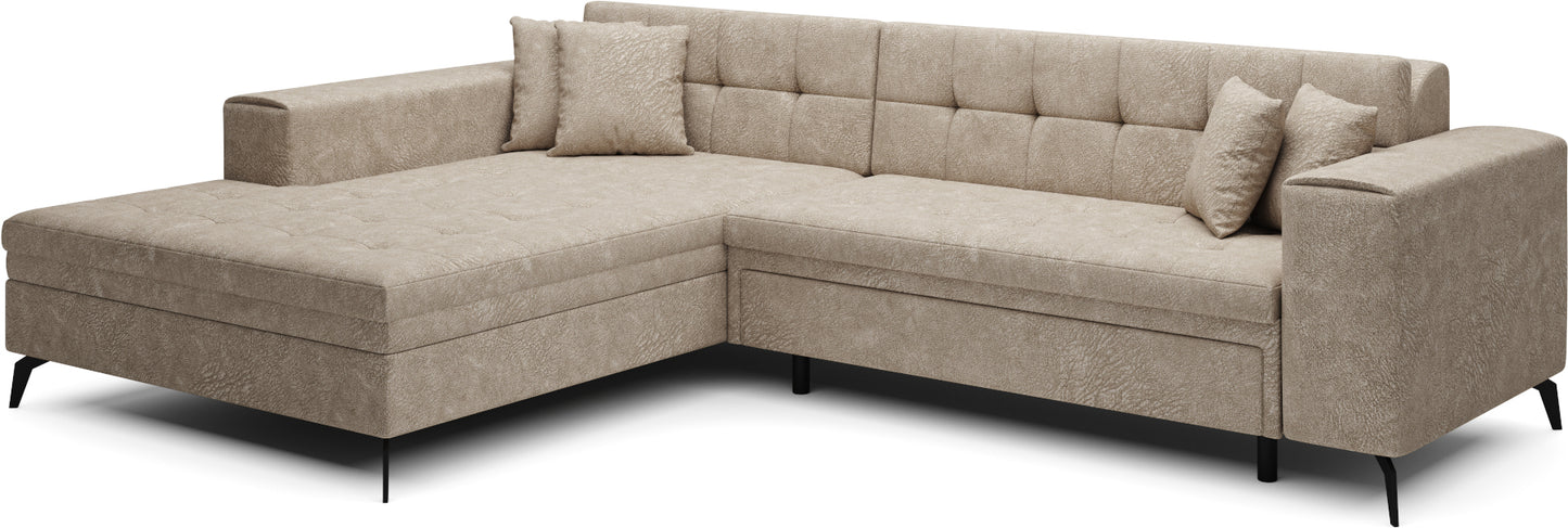 Beżowy narożnik Solange lewy w tkaninie Dora 21 to jasny i elegancki mebel do salonu, który wprowadza przytulną atmosferę i zapewnia wygodne miejsce do odpoczynku dla całej rodziny.