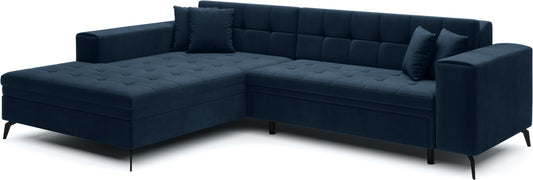 Granatowy narożnik Solange lewy w tkaninie Monolith 77 to nowoczesna sofa do salonu z pikowanym siedziskiem i miękkimi poduszkami, która zapewnia wysoki komfort i elegancki wygląd wnętrza.