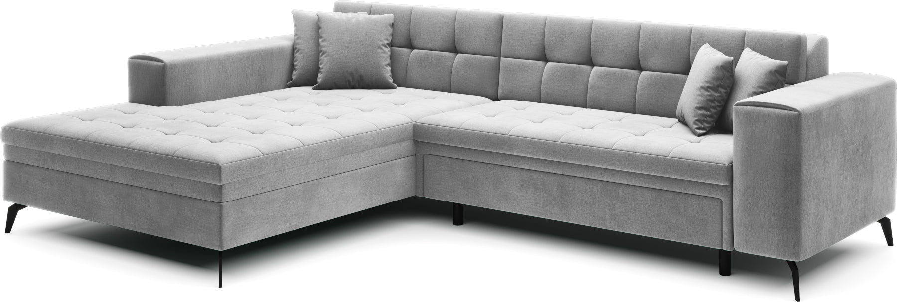 Jasnoszary narożnik Solange lewy w tkaninie Monolith 84 to nowoczesna sofa do salonu z pikowanym siedziskiem i miękkimi poduszkami, która zapewnia komfort i optycznie rozjaśnia wnętrze.