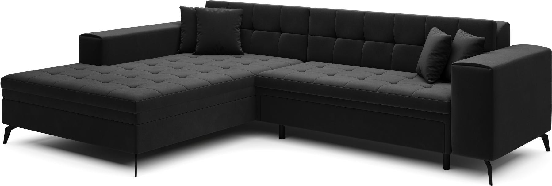 Czarny narożnik Solange lewy w tkaninie Matt Velvet 99 to elegancki mebel wypoczynkowy do salonu, który wyróżnia się nowoczesnym designem i zapewnia wygodę codziennego relaksu dla całej rodziny.