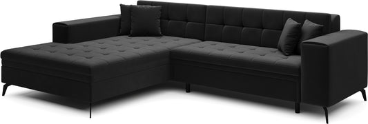 Czarny narożnik Solange lewy w tkaninie Matt Velvet 99 to elegancki mebel wypoczynkowy do salonu, który wyróżnia się nowoczesnym designem i zapewnia wygodę codziennego relaksu dla całej rodziny.