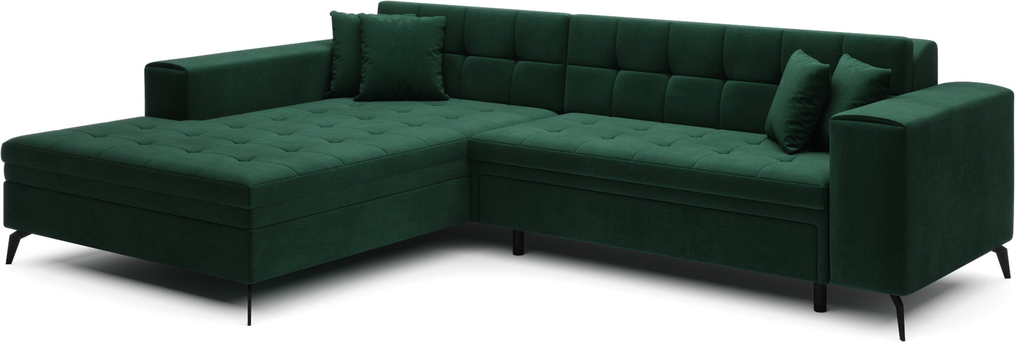 Nowoczesny narożnik Solange lewy w tkaninie Monolith 37 w odcieniu butelkowej zieleni to elegancki mebel do salonu, który łączy wygodę z modnym designem i świetnie sprawdzi się w rodzinnej przestrzeni wypoczynkowej.