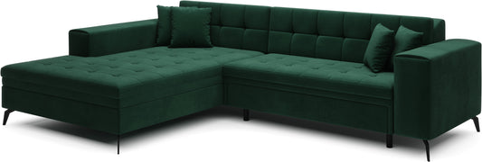 Nowoczesny narożnik Solange lewy w tkaninie Monolith 37 w odcieniu butelkowej zieleni to elegancki mebel do salonu, który łączy wygodę z modnym designem i świetnie sprawdzi się w rodzinnej przestrzeni wypoczynkowej.