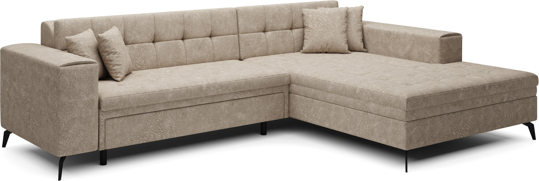 Beżowy narożnik Solange prawy w tkaninie Dora 21 to nowoczesna sofa do salonu z pikowanym siedziskiem i miękkimi poduszkami, która zapewnia komfort oraz przytulny charakter wnętrza.