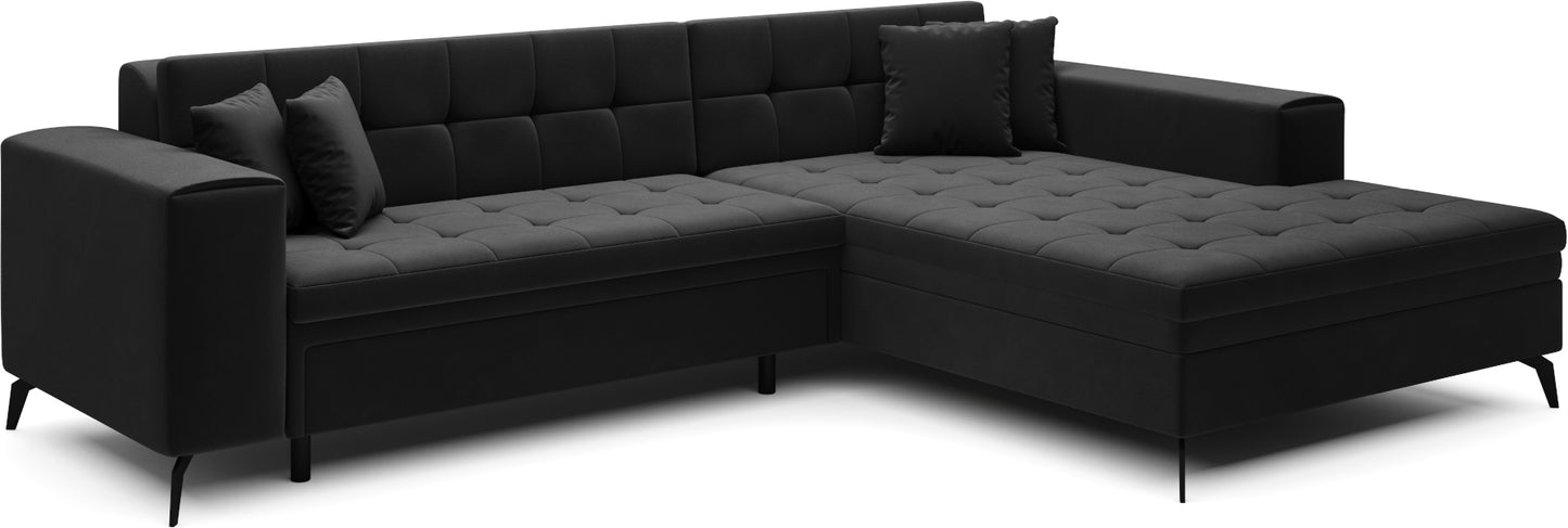Czarny narożnik Solange prawy w tkaninie Matt Velvet 99 to elegancka sofa do salonu o welurowym wykończeniu, która zapewnia wysoki komfort oraz ponadczasowy, luksusowy wygląd wnętrza.