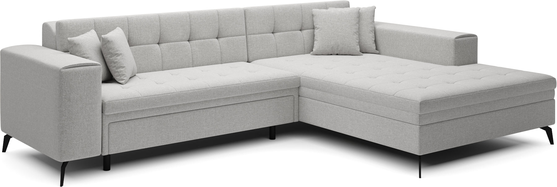 Jasnoszary narożnik Solange prawy w tkaninie Cover 02 to nowoczesna sofa do salonu z pikowanym siedziskiem i miękkimi poduszkami, która zapewnia komfort i optycznie rozjaśnia wnętrze.