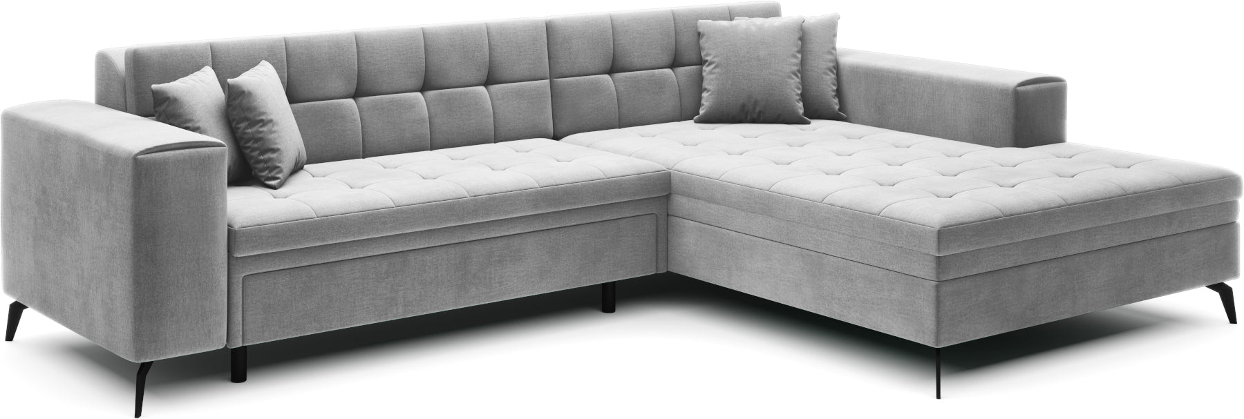Jasnoszary narożnik Solange prawy w tkaninie Monolith 84 to nowoczesna sofa do salonu z pikowanym siedziskiem i miękkimi poduszkami, która zapewnia komfort i rozjaśnia wnętrze.