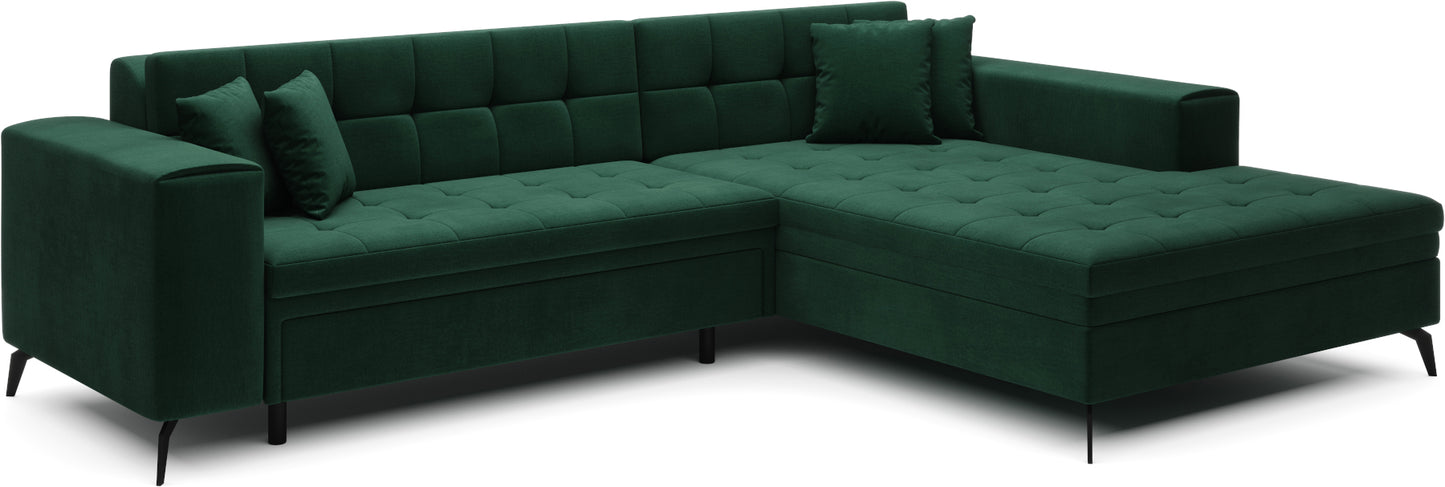 Zielony narożnik Solange prawy w tkaninie Monolith 37 to nowoczesna sofa do salonu z pikowanym siedziskiem i miękkimi poduszkami, która zapewnia wysoki komfort oraz świeży, naturalny akcent kolorystyczny.