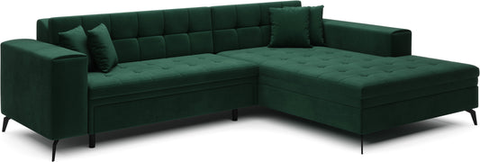 Zielony narożnik Solange prawy w tkaninie Monolith 37 to nowoczesna sofa do salonu z pikowanym siedziskiem i miękkimi poduszkami, która zapewnia wysoki komfort oraz świeży, naturalny akcent kolorystyczny.