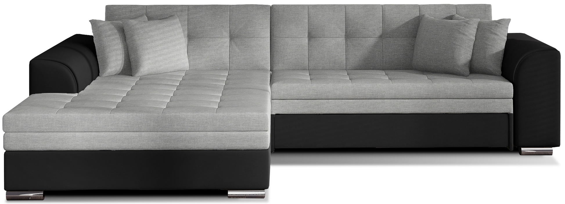 Packshot narożnika Sorento z szezlongiem; Sawana 21 ciemny szary + Soft 11 czarny, kontrast tkanin, pikowania, nogi z tworzywa.