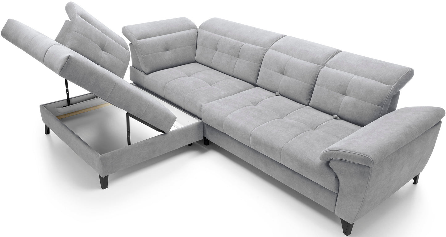 Narożnik Inferne Aura 04 szary w układzie lewym – widok pod kątem ukazujący regulowane zagłówki i pikowane oparcia.