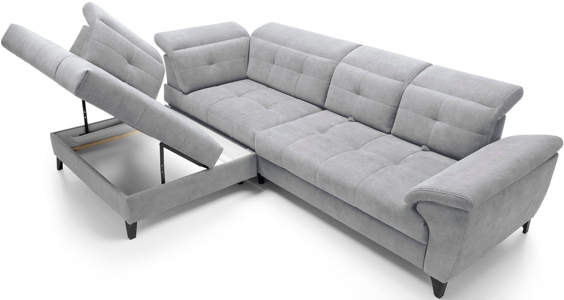 Narożnik Inferne Aura 04 szary w układzie lewym – widok pod kątem ukazujący regulowane zagłówki i pikowane oparcia.