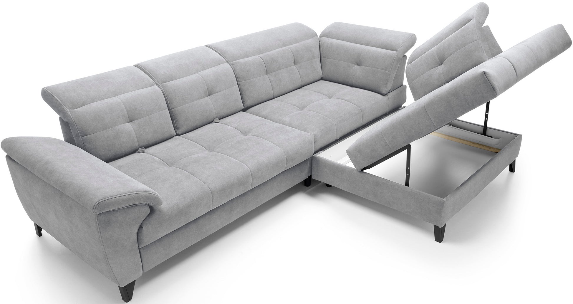 Narożnik Inferne Aura 04 szary w układzie prawym – widok pod kątem ukazujący regulowane zagłówki i pikowane oparcia.