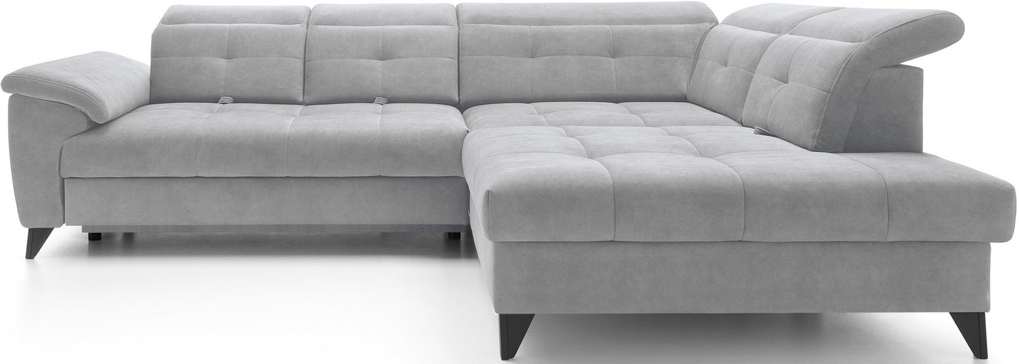 Narożnik Inferne Aura 04 szary w układzie prawym na białym tle, prezentujący pikowane siedzisko i tapicerowany boczek.