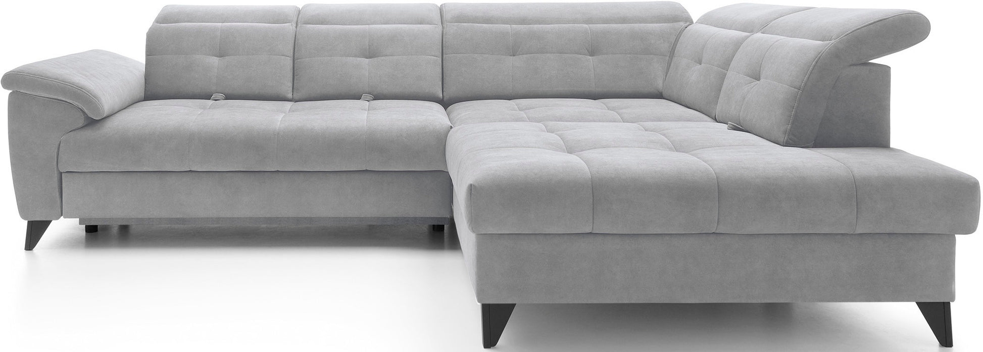 Narożnik Inferne Aura 04 szary w układzie prawym na białym tle, prezentujący pikowane siedzisko i tapicerowany boczek.