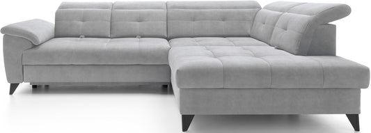 Narożnik Inferne Aura 04 szary w układzie prawym na białym tle, prezentujący pikowane siedzisko i tapicerowany boczek.