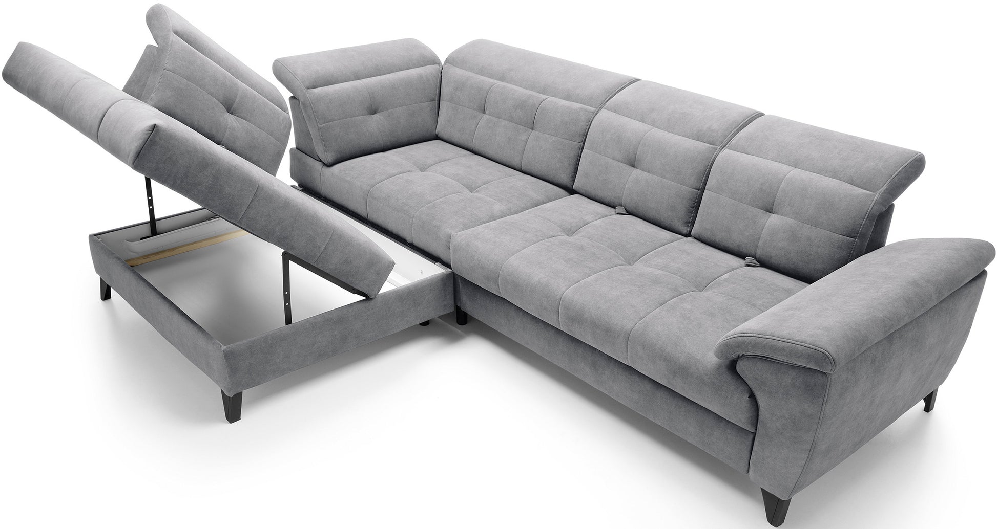 Narożnik Inferne Relax 04 szaro-brązowy w układzie lewym z uniesionym siedziskiem segmentu narożnika odsłaniającym pojemny schowek na pościel.