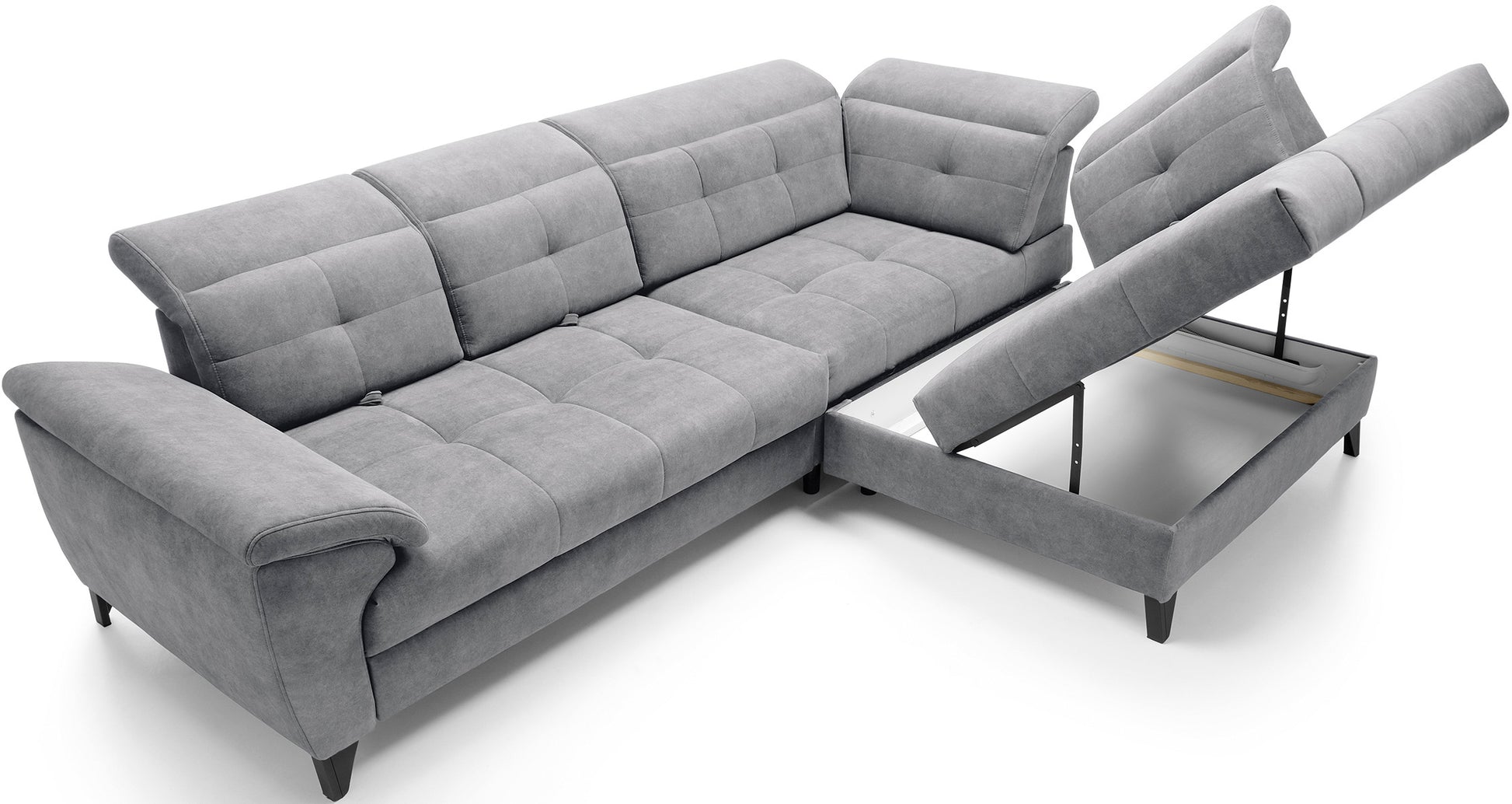 Narożnik Inferne Relax 04 szaro-brązowy w układzie prawym z uniesionym siedziskiem segmentu narożnika odsłaniającym pojemny schowek na pościel.